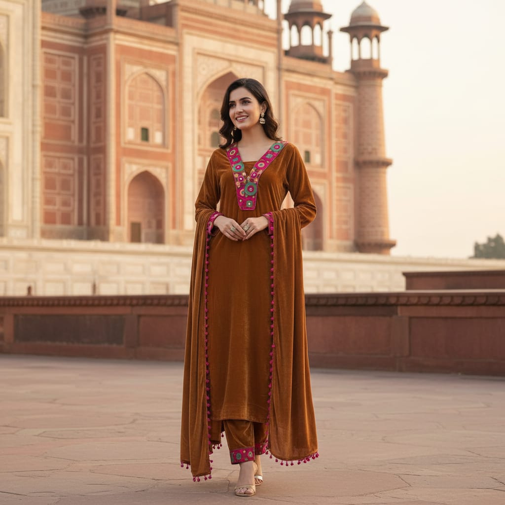 Ashnaina Velvet 3 Pcs Kurti Palazzo Dupatta Set