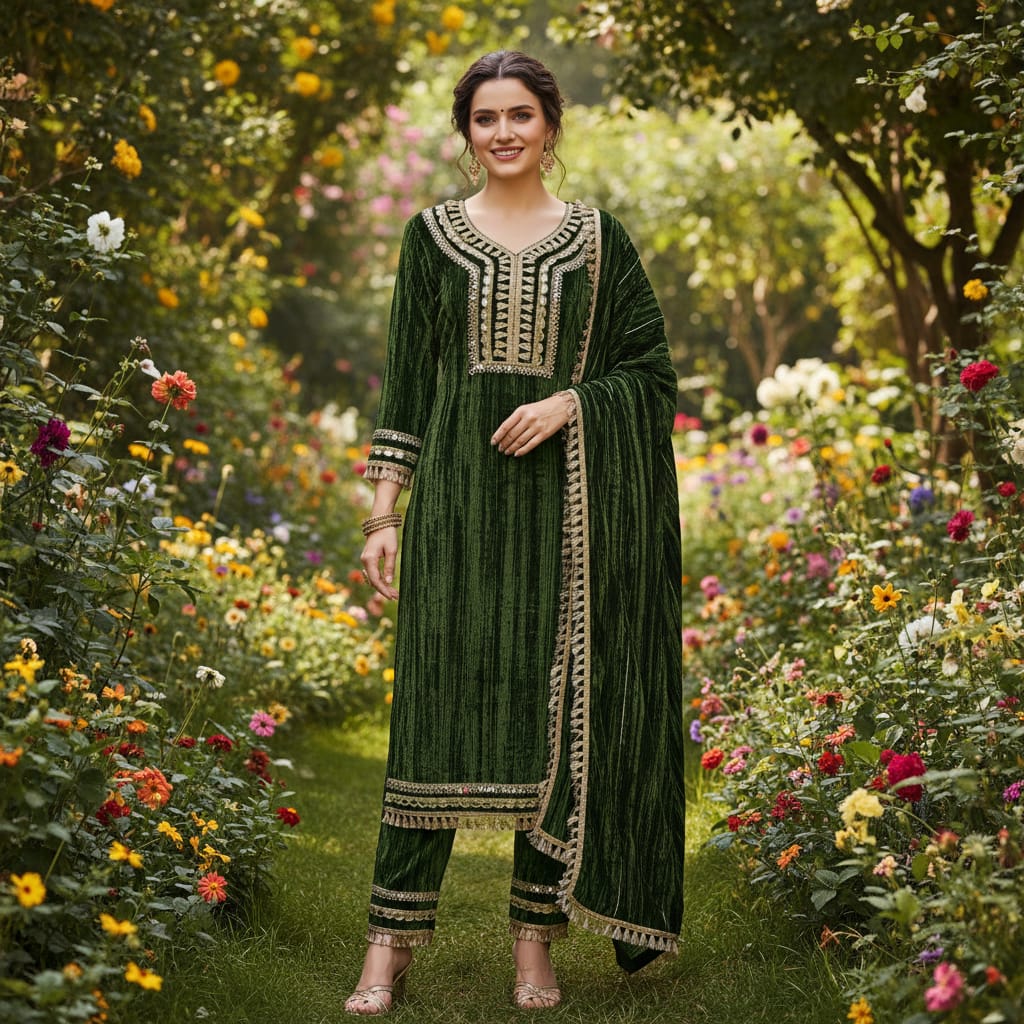 Ashnaina Luxury Crush Velvet 3 Pcs Set with Pant & Dupatta