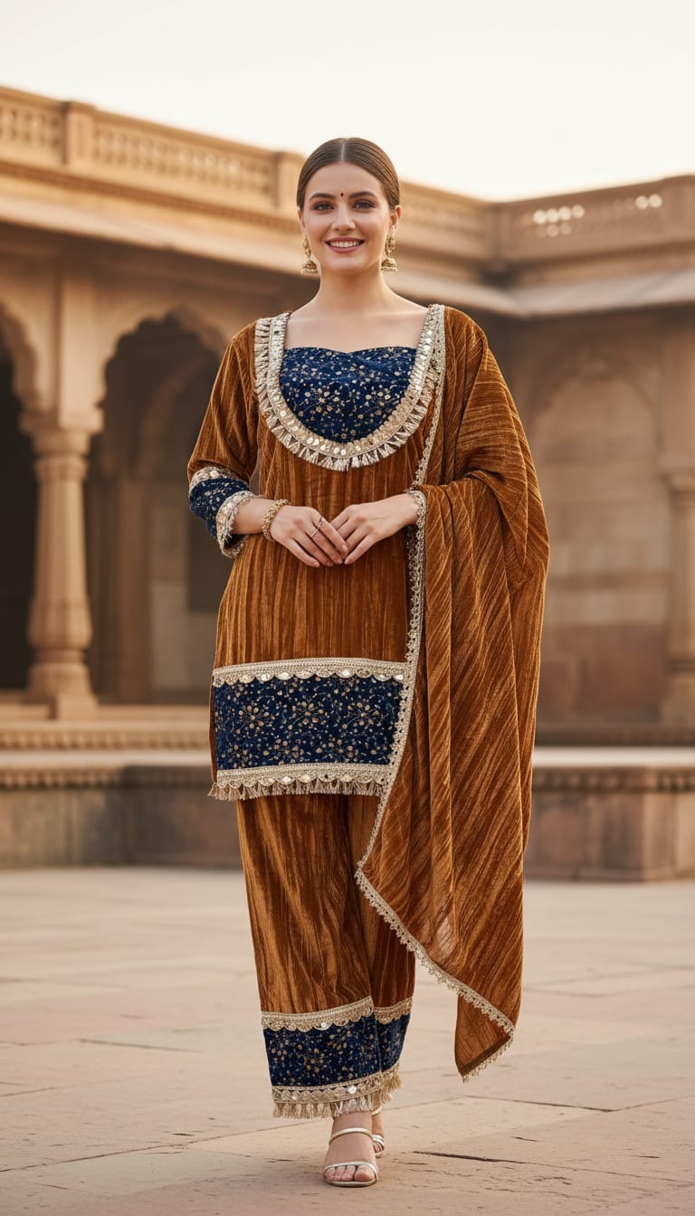 Ashnaina Crush Velvet Mirror Work 3 Pcs Set