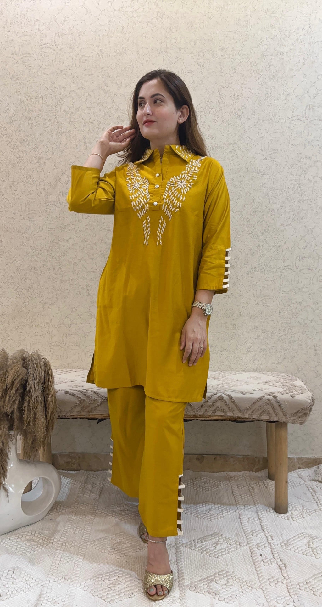 Mustard yellow embroidered kurti set for women – premium Gadwal fabric, elegant ethnic wear, stylish daily wear suit set.