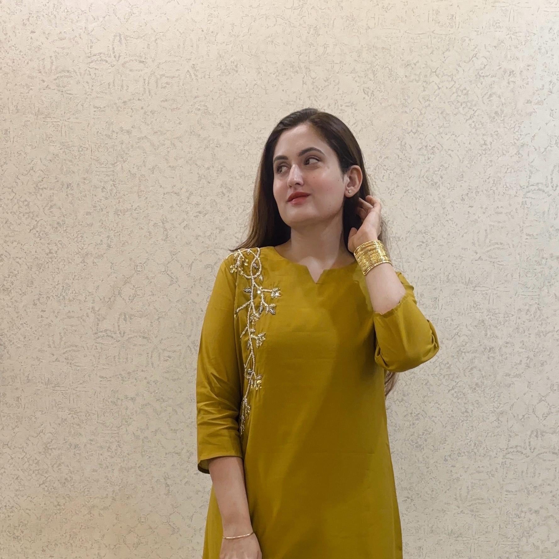 Mustard Yellow embroidered kurti pant set for women