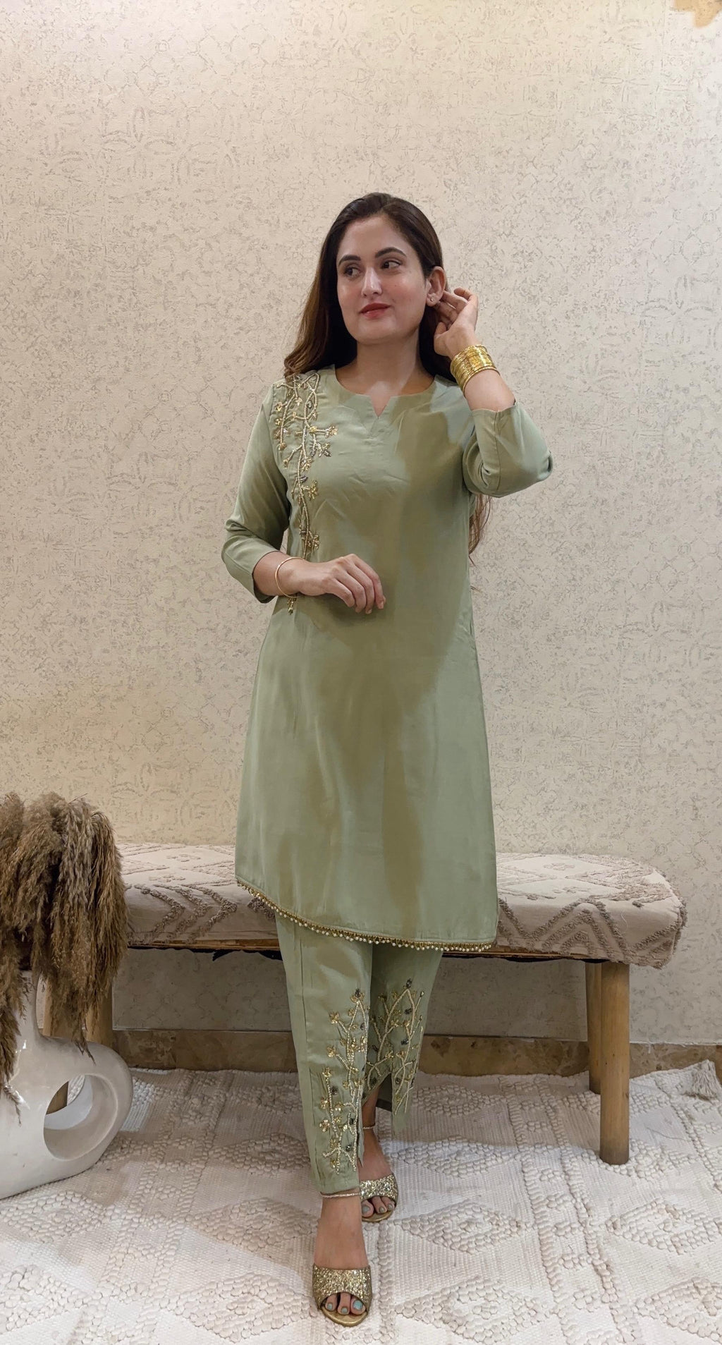 Mustard Yellow embroidered kurti pant set for women