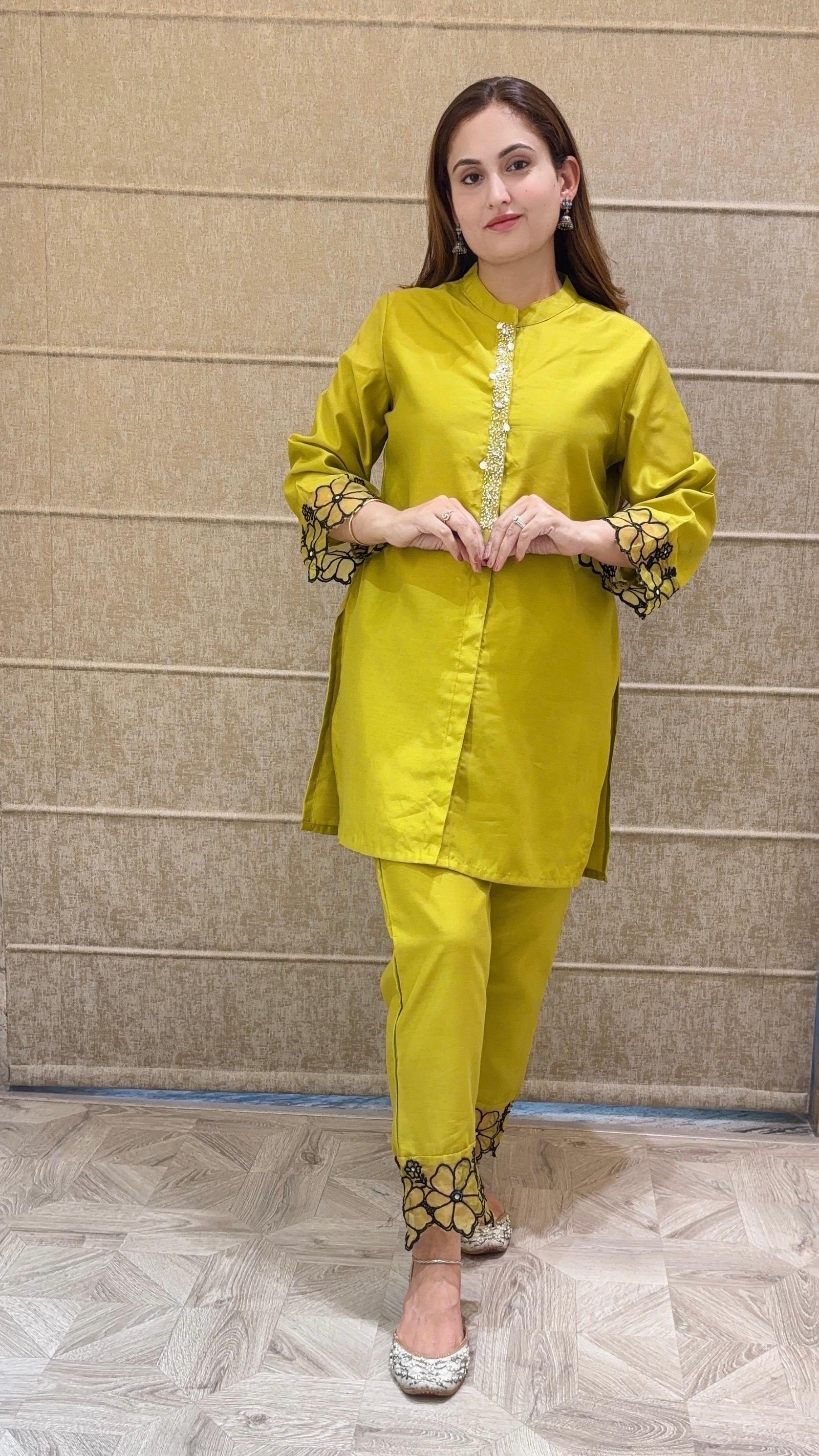 Mustard Yellow embroidered kurti pant set for women