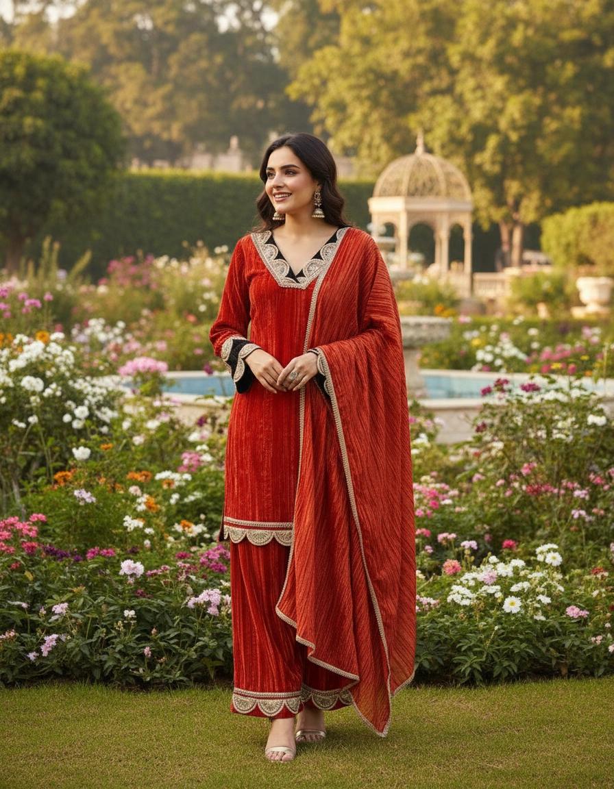 Ashnaina Crush Velvet 3 Pcs Kurti Palazzo & Dupatta Set