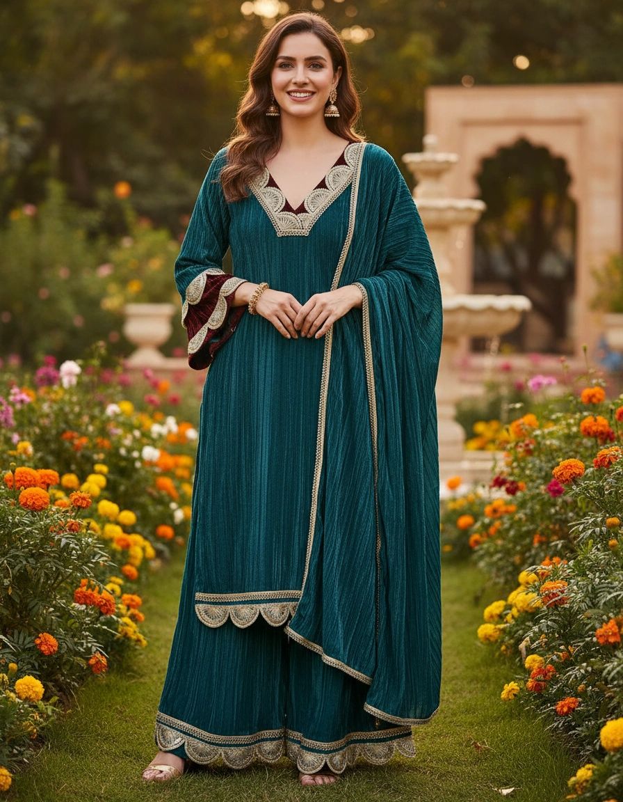 Ashnaina Crush Velvet 3 Pcs Kurti Palazzo & Dupatta Set