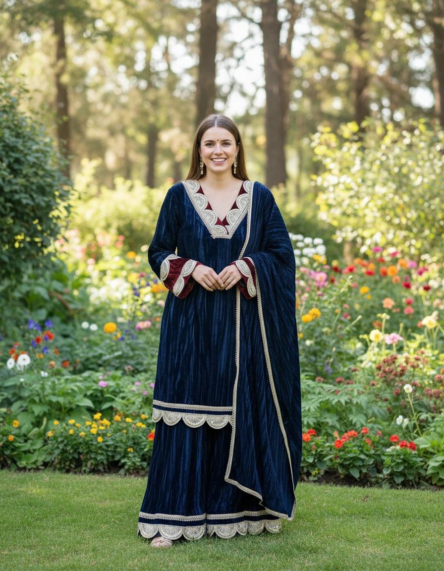 Ashnaina Crush Velvet 3 Pcs Kurti Palazzo & Dupatta Set