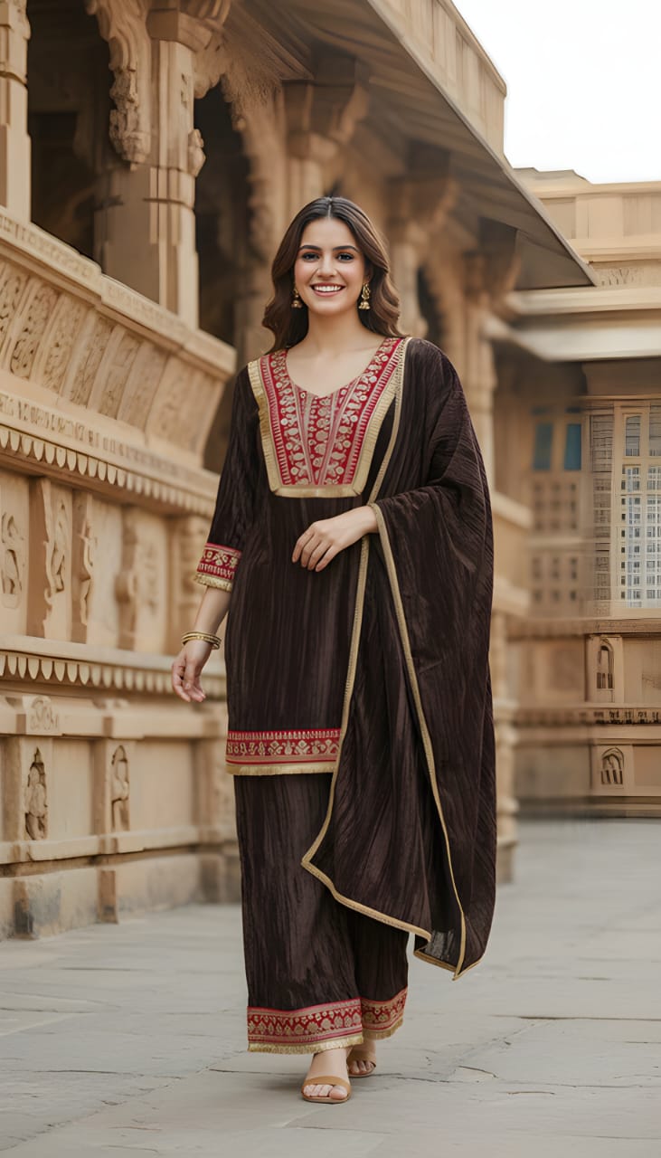 Ashnaina Crush Velvet Embroidered 3 Pcs Kurti Palazzo Set