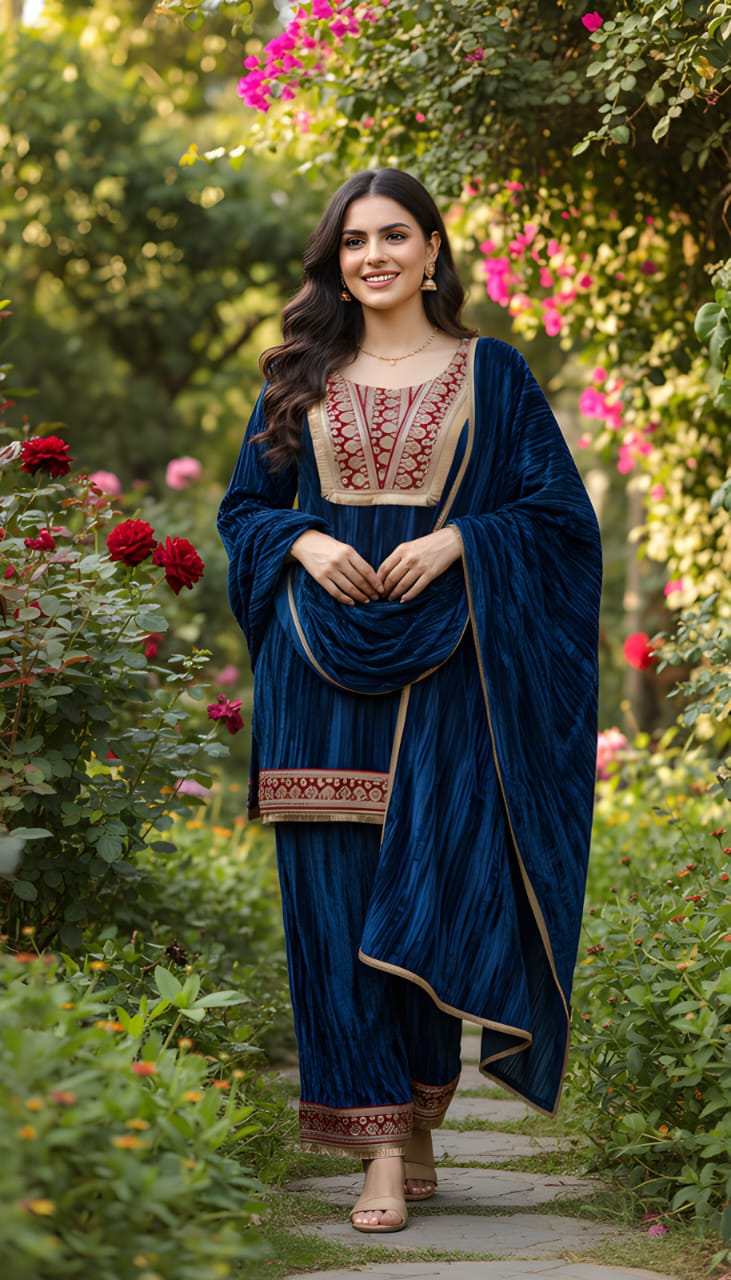 Ashnaina Crush Velvet Embroidered 3 Pcs Kurti Palazzo Set