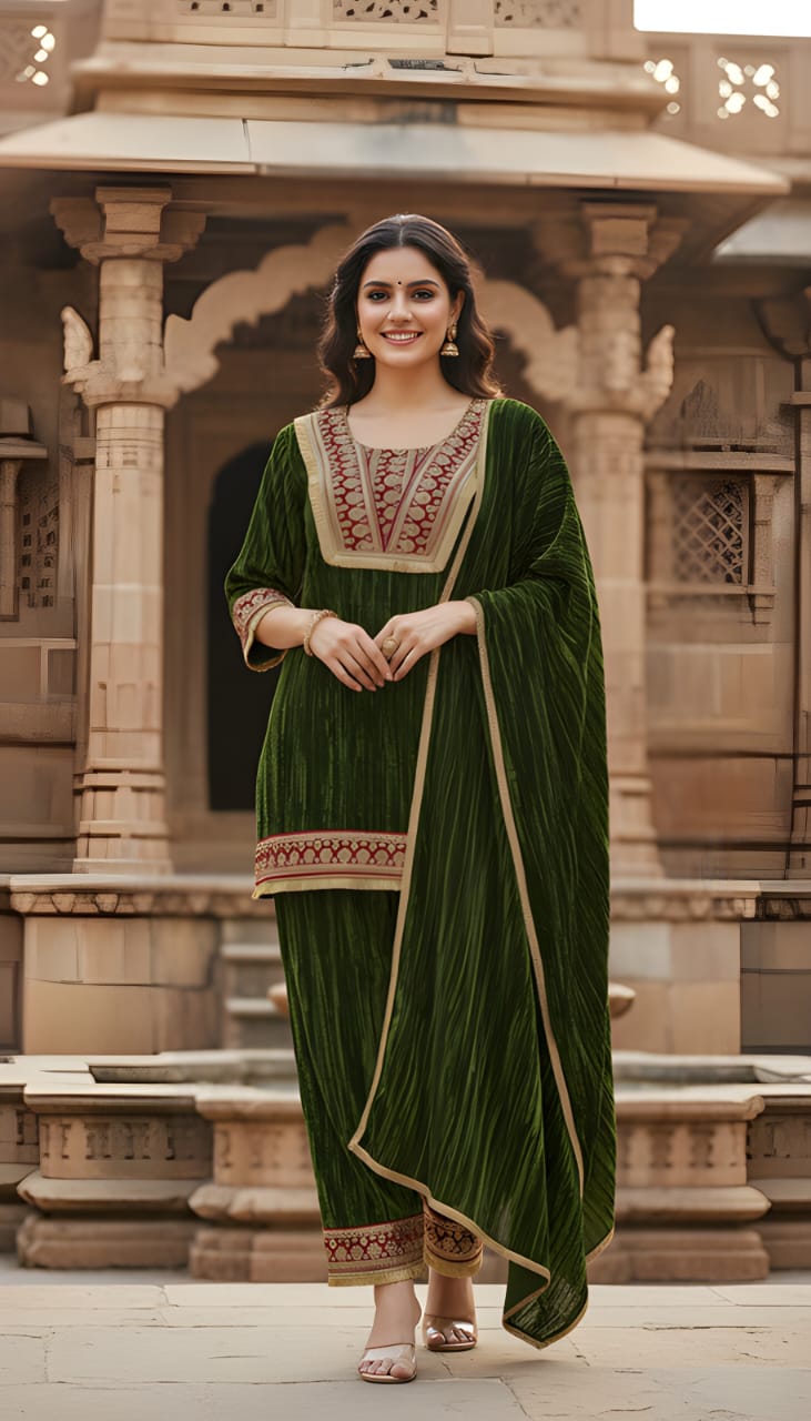 Ashnaina Crush Velvet Embroidered 3 Pcs Kurti Palazzo Set