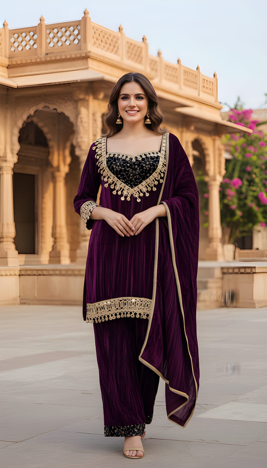 Ashnaina Designer Crush Velvet 3 Pcs Kurti Palazzo & dupatta Set