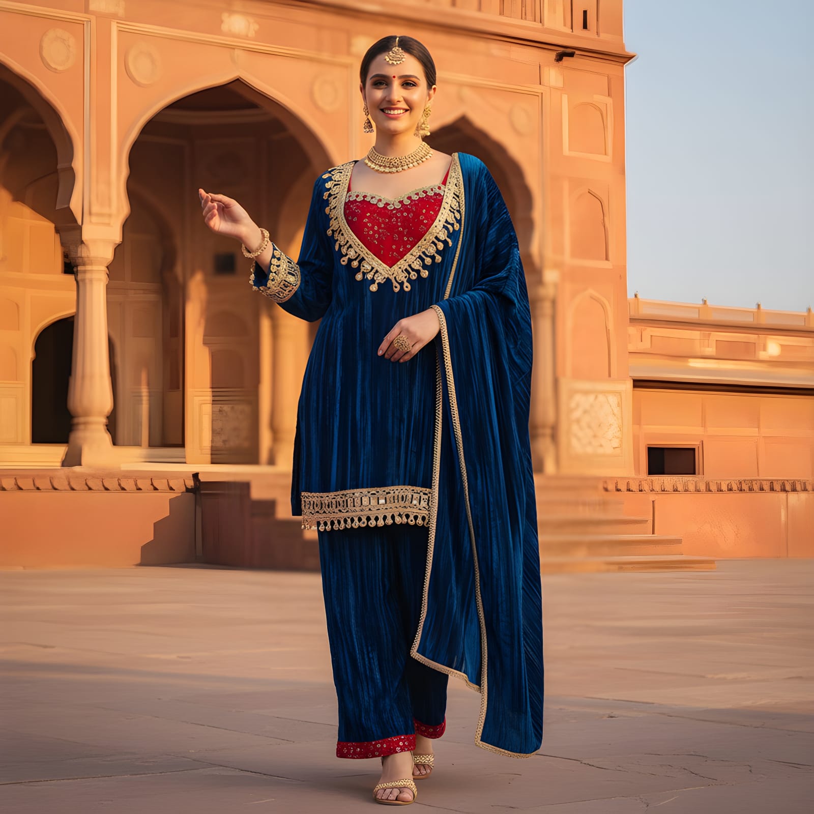 Ashnaina Designer Crush Velvet 3 Pcs Kurti Palazzo & dupatta Set