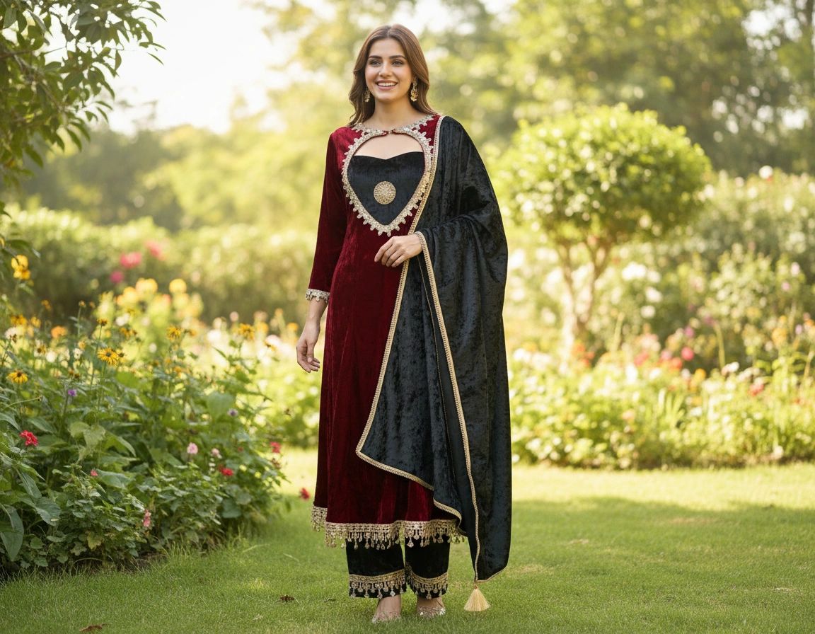 Ashnaina Designer Ice Velvet 3 Pcs Kurti Palazzo and Dupatta Set