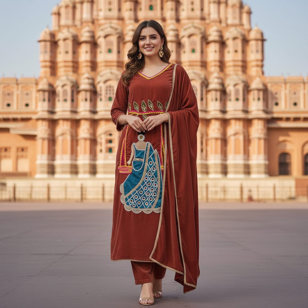 Ashnaina Ice Velvet  3 Pcs Kurti Palazzo Dupatta Set