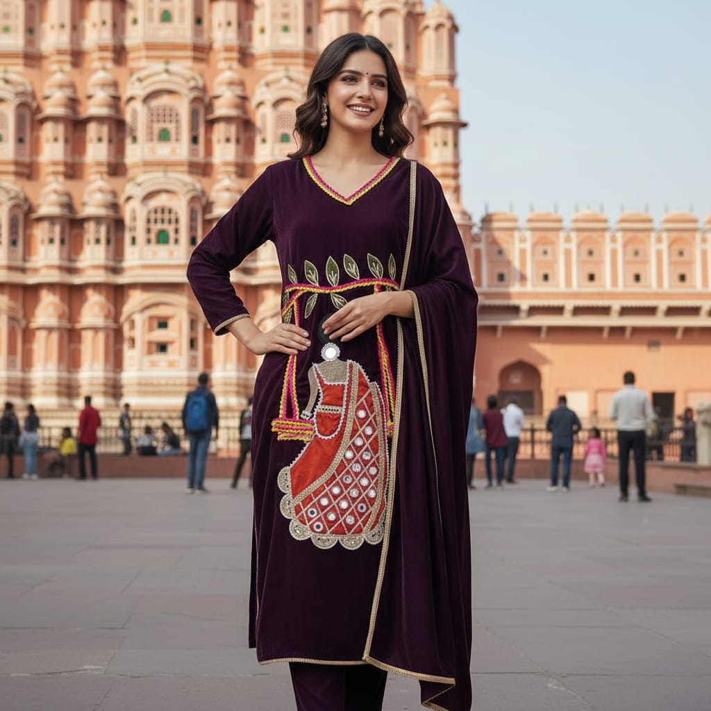 Ashnaina Ice Velvet  3 Pcs Kurti Palazzo Dupatta Set