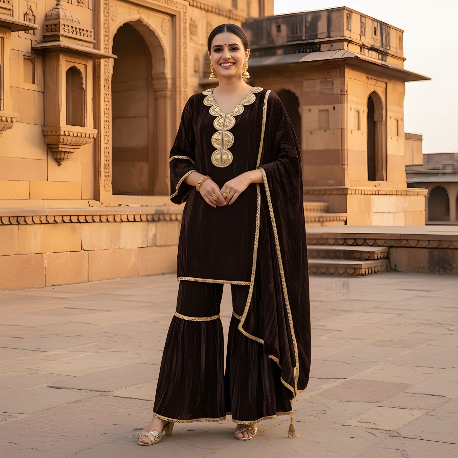 Ashnaina Luxury Crush Velvet Co-Ord Set with Sharara & Dupatta