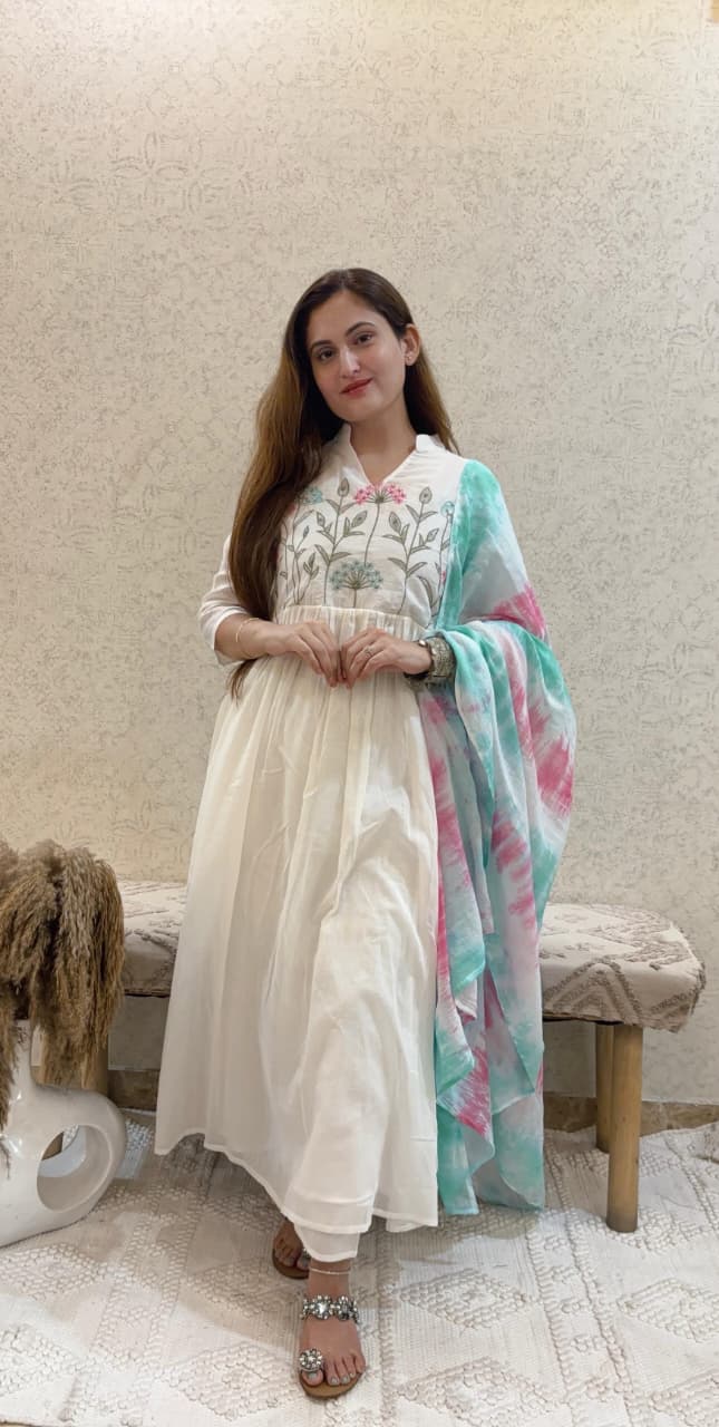 Ashnaina Pure Mall Cotton Embroidered Anarkali Set with Dupatta