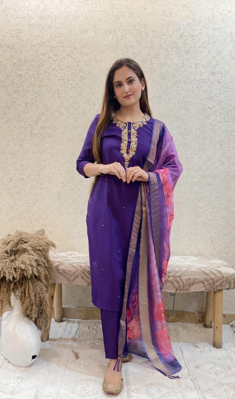 Ashnaina Roman Silk Hand Adda Work 3 Pcs Set