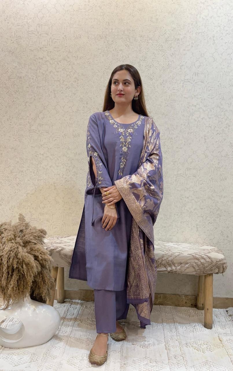 Ashnaina 3 Pcs Set with Hand Adda Work & Jacquard Dupatta