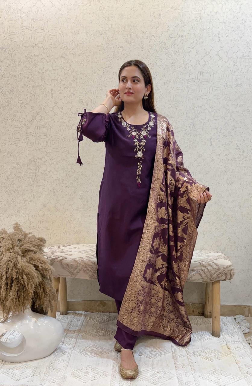 Ashnaina 3 Pcs Set with Hand Adda Work & Jacquard Dupatta