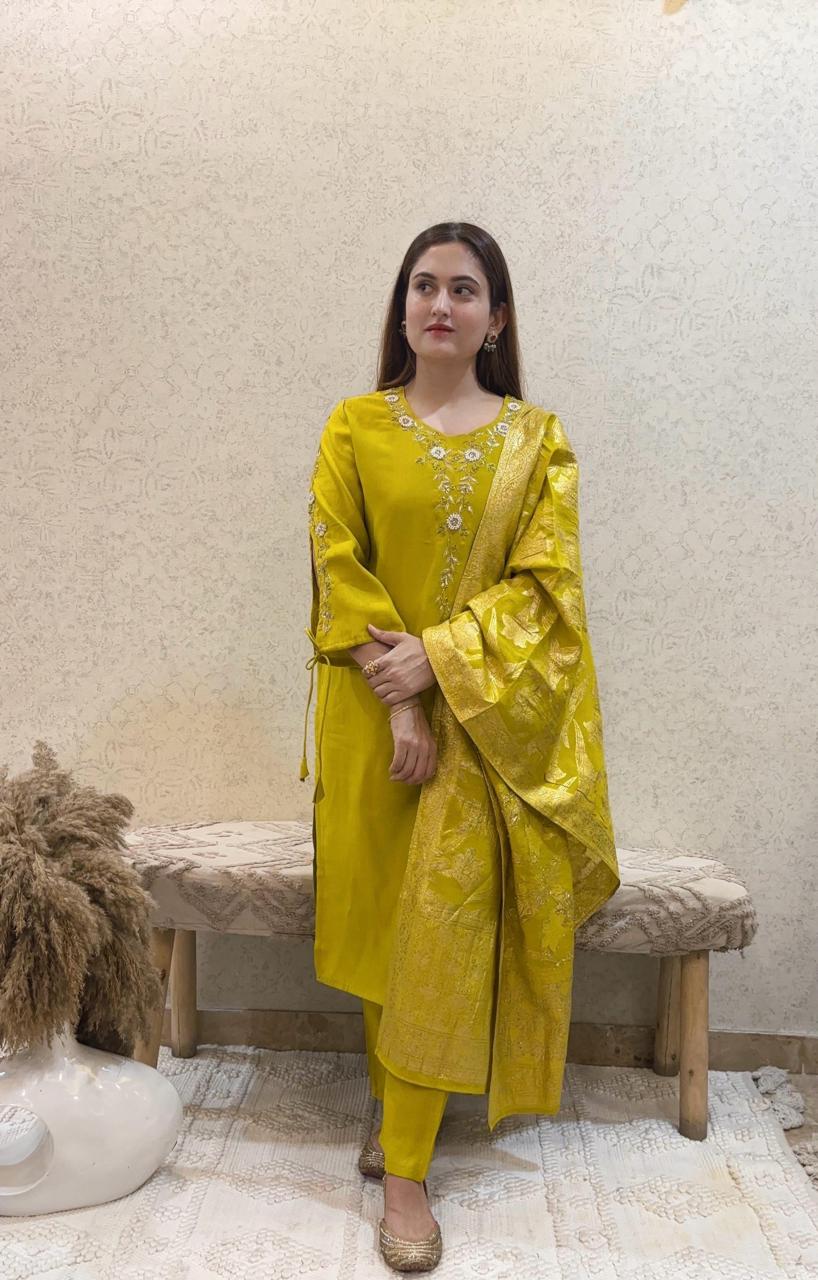 Ashnaina 3 Pcs Set with Hand Adda Work & Jacquard Dupatta