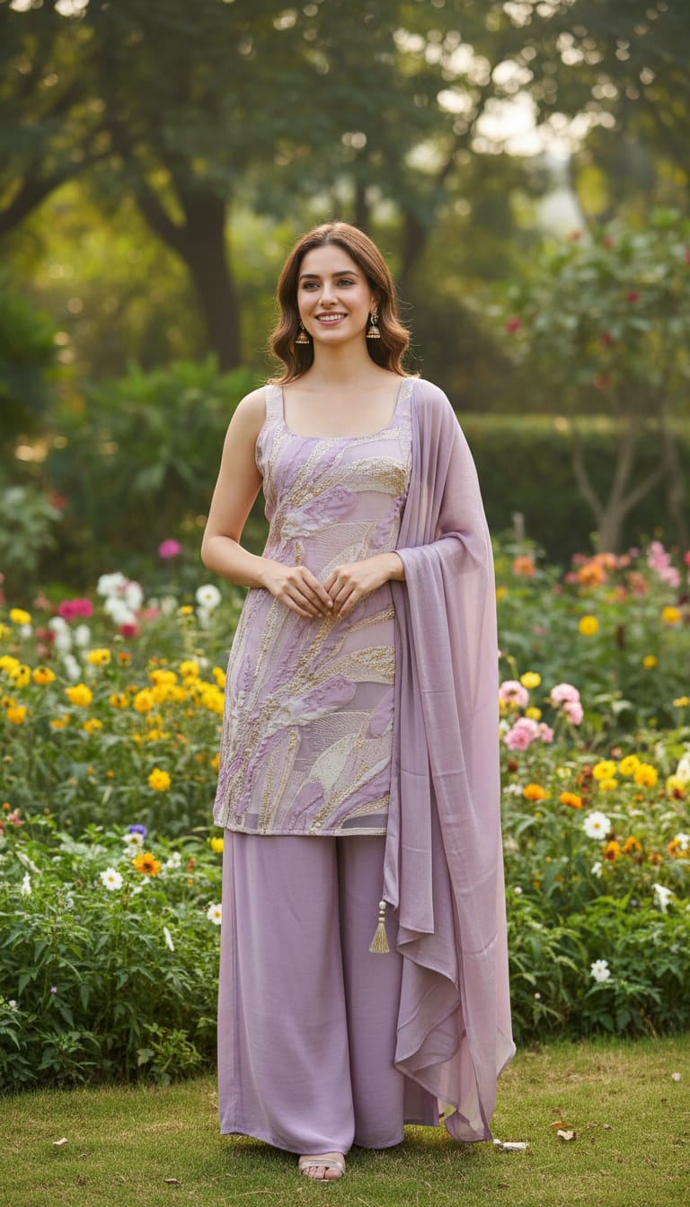 Ashnaina 3 Pcs Bro-Crape Kurti Divider Plazo Set with Dupatta