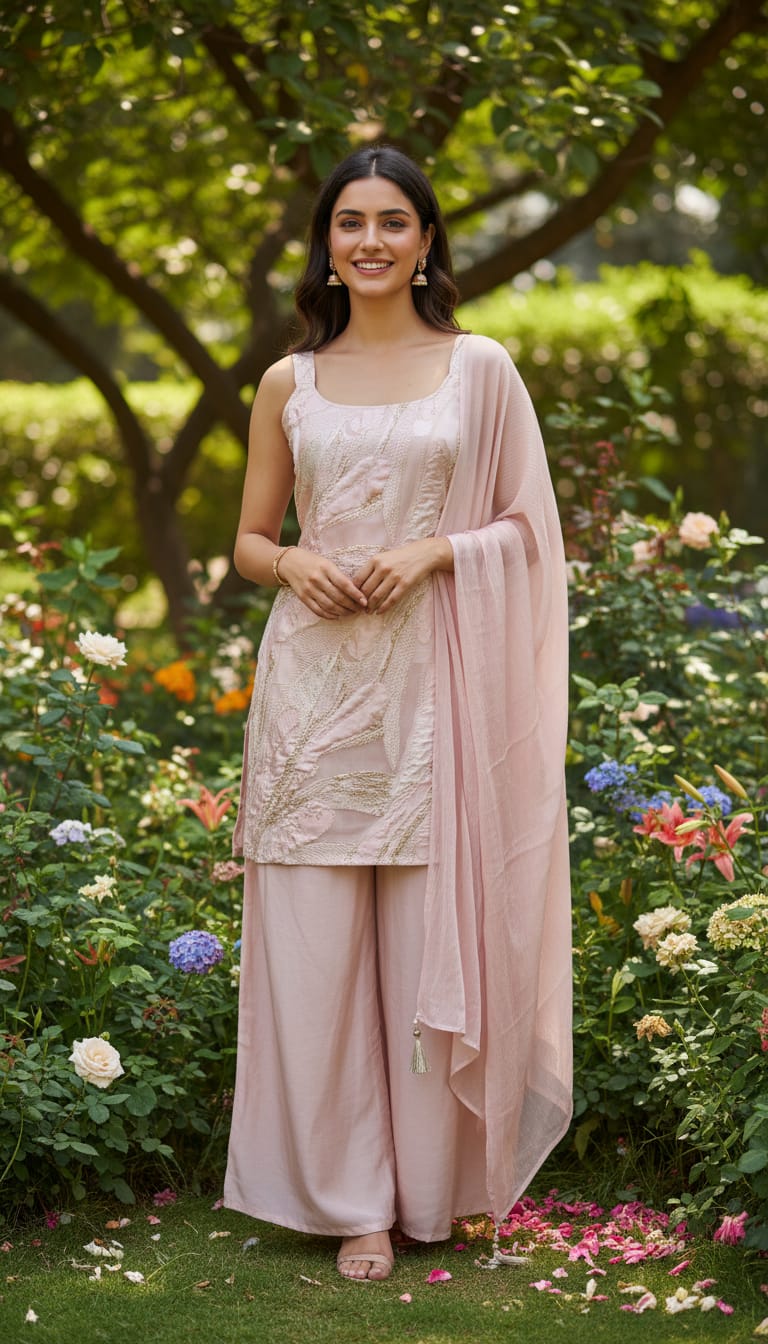 Ashnaina 3 Pcs Bro-Crape Kurti Divider Plazo Set with Dupatta