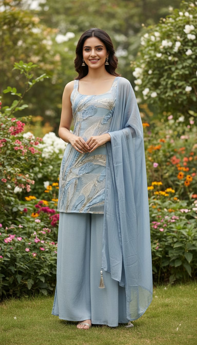 Ashnaina 3 Pcs Bro-Crape Kurti Divider Plazo Set with Dupatta