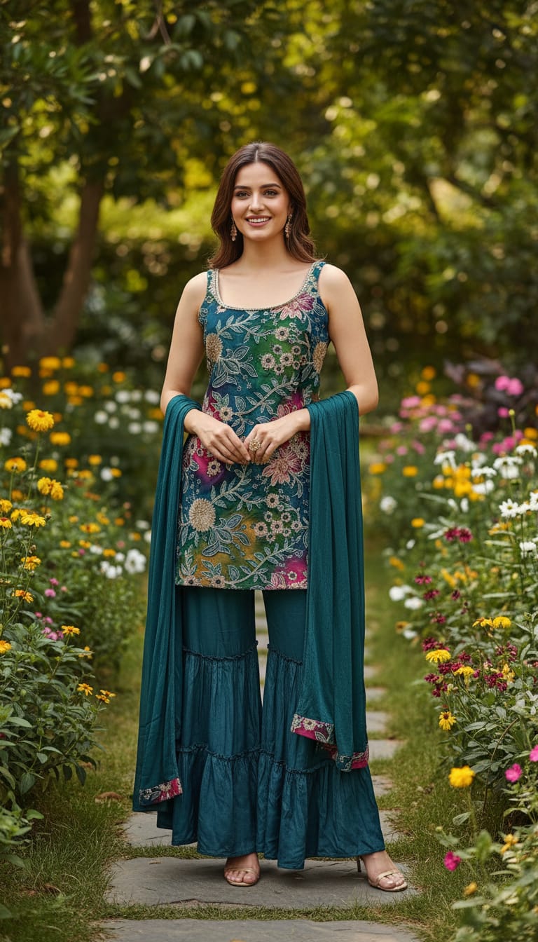 Ashnaina 3 Pcs Chinon Kurti Divider Plazo Set with Dupatta