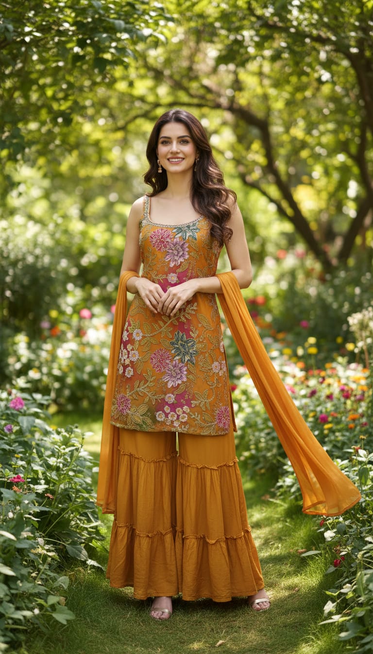 Ashnaina 3 Pcs Chinon Kurti Divider Plazo Set with Dupatta