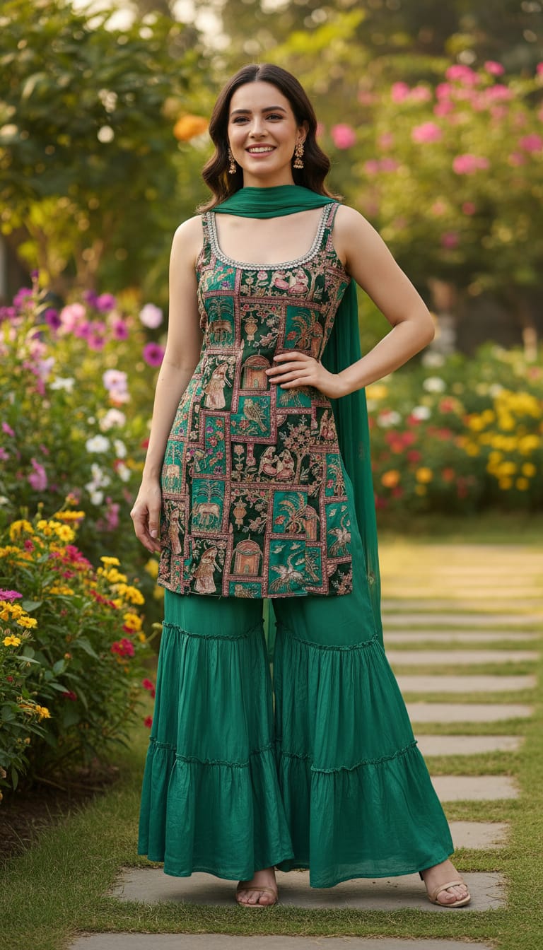 Ashnaina 3 Pcs Chinon Kurti Divider Plazo Set with Dupatta