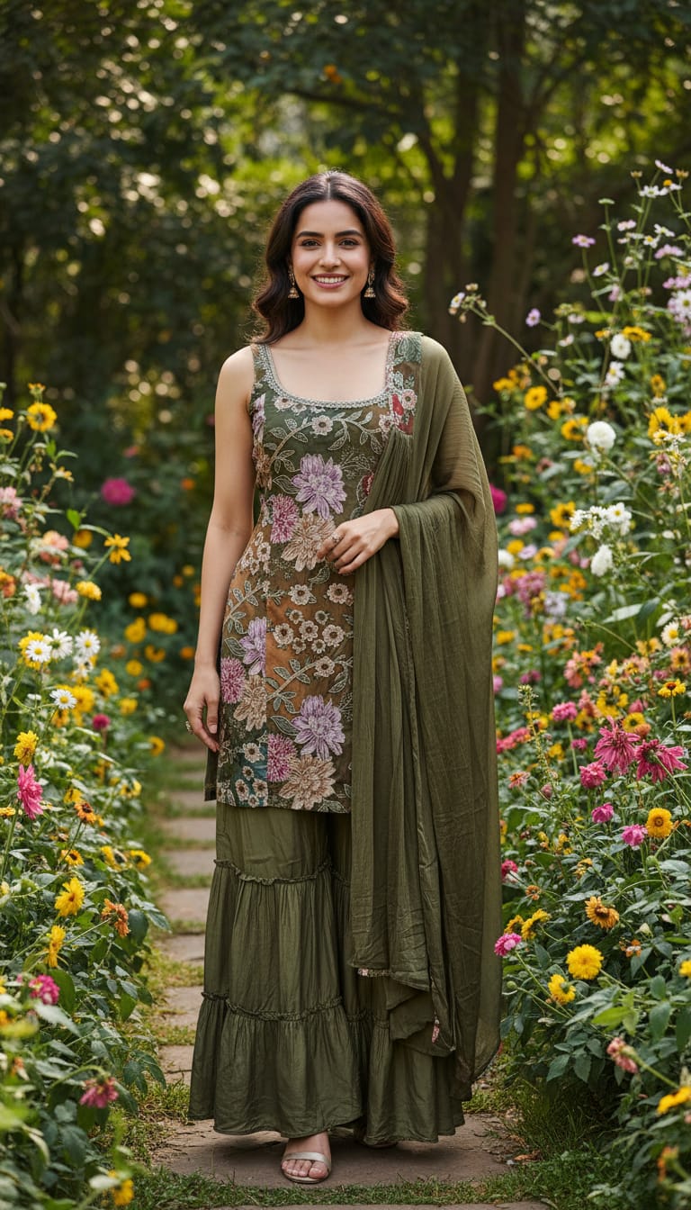 Ashnaina 3 Pcs Chinon Kurti Divider Plazo Set with Dupatta