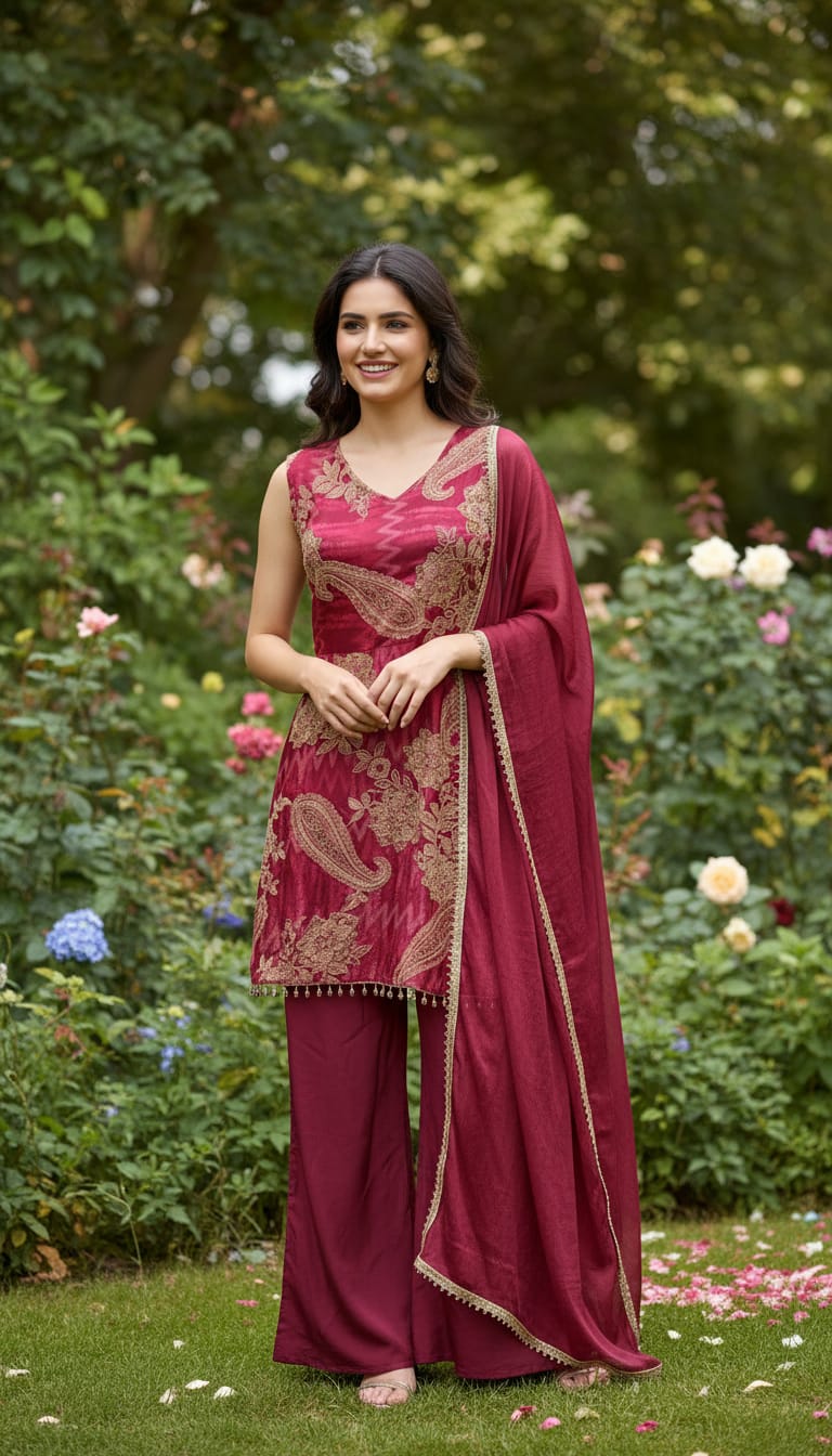 Ashnaina Frock Style A-Line Satin 3 Pcs Set with Chiffon Dupatta