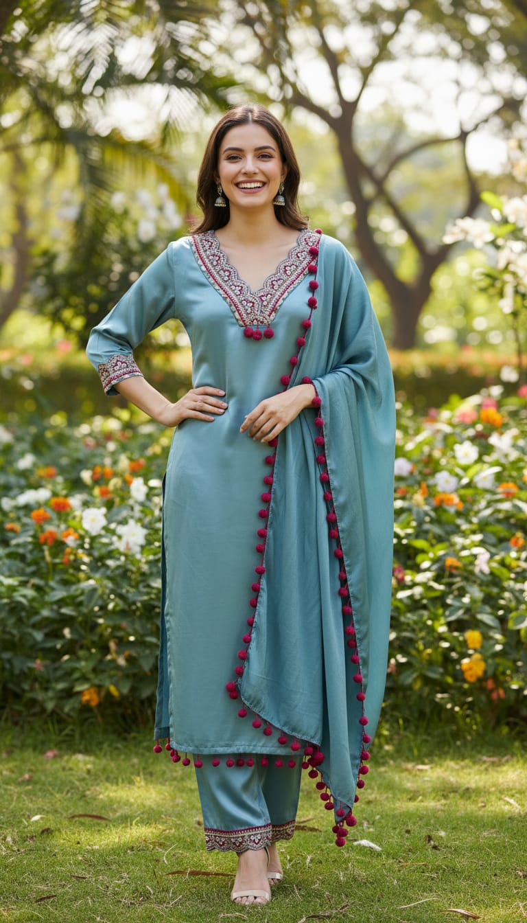 Ashnaina Glass Satin Mirror & Pompom Lace 3 Pcs Set