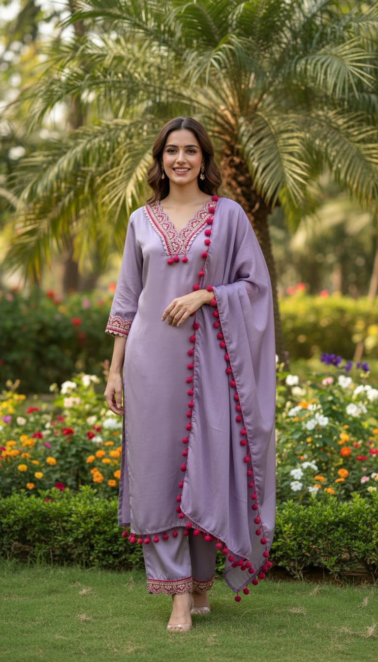 Ashnaina Glass Satin Mirror & Pompom Lace 3 Pcs Set