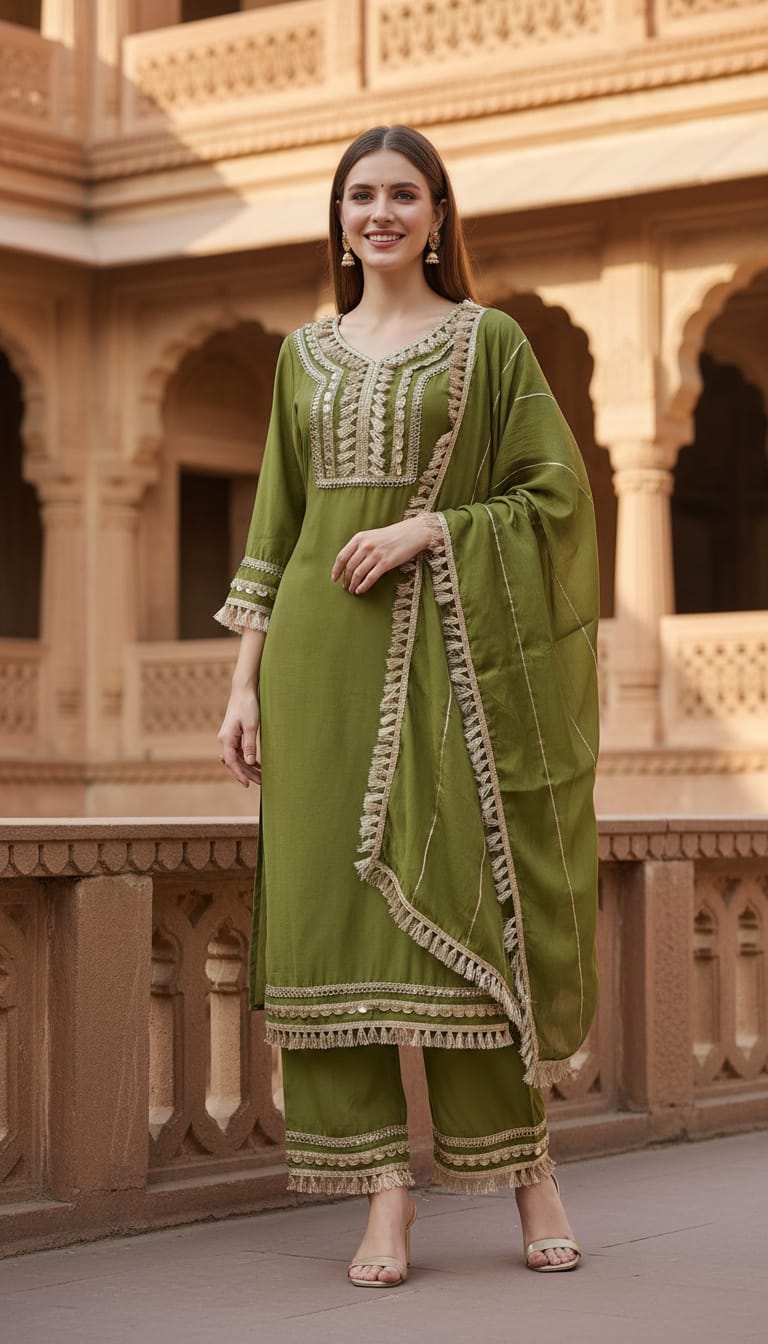 Ashnaina Chanderi Mall 3Pcs Set (Kurti+Plazo+Dupatta) |