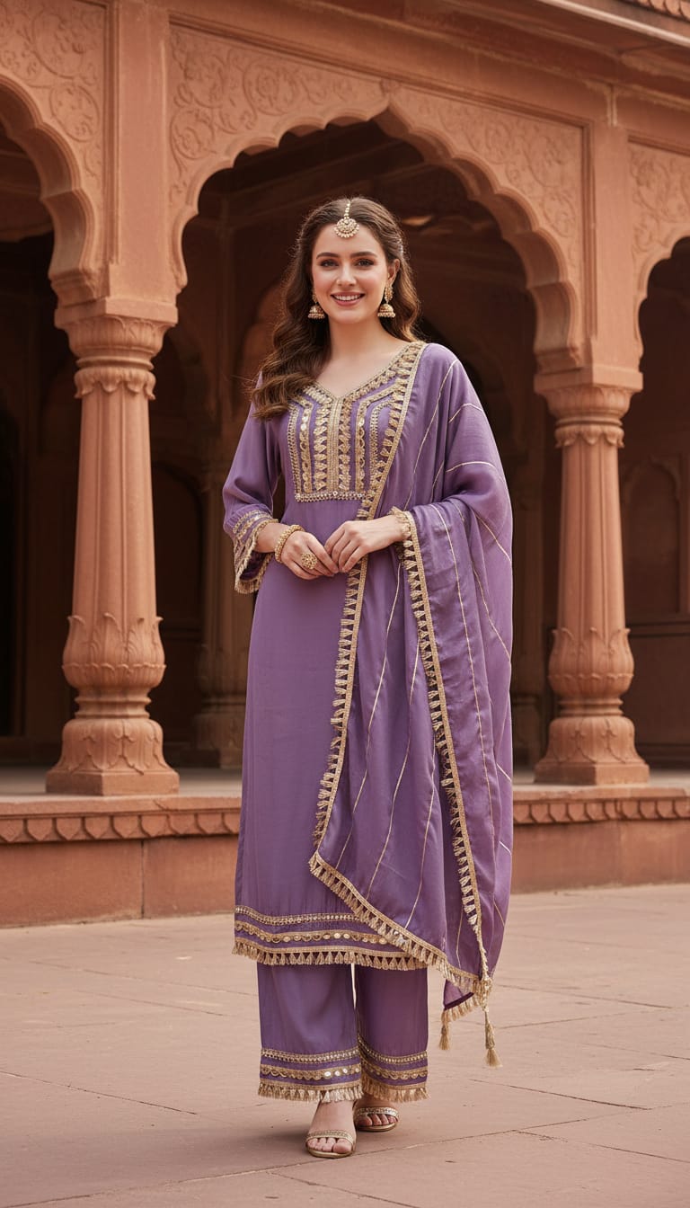 Ashnaina Chanderi Mall 3Pcs Set (Kurti+Plazo+Dupatta) |