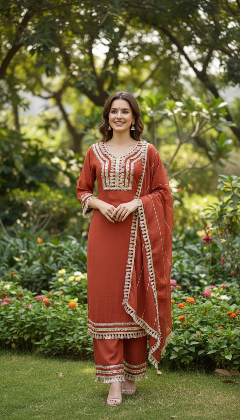 Ashnaina Chanderi Mall 3Pcs Set (Kurti+Plazo+Dupatta) |