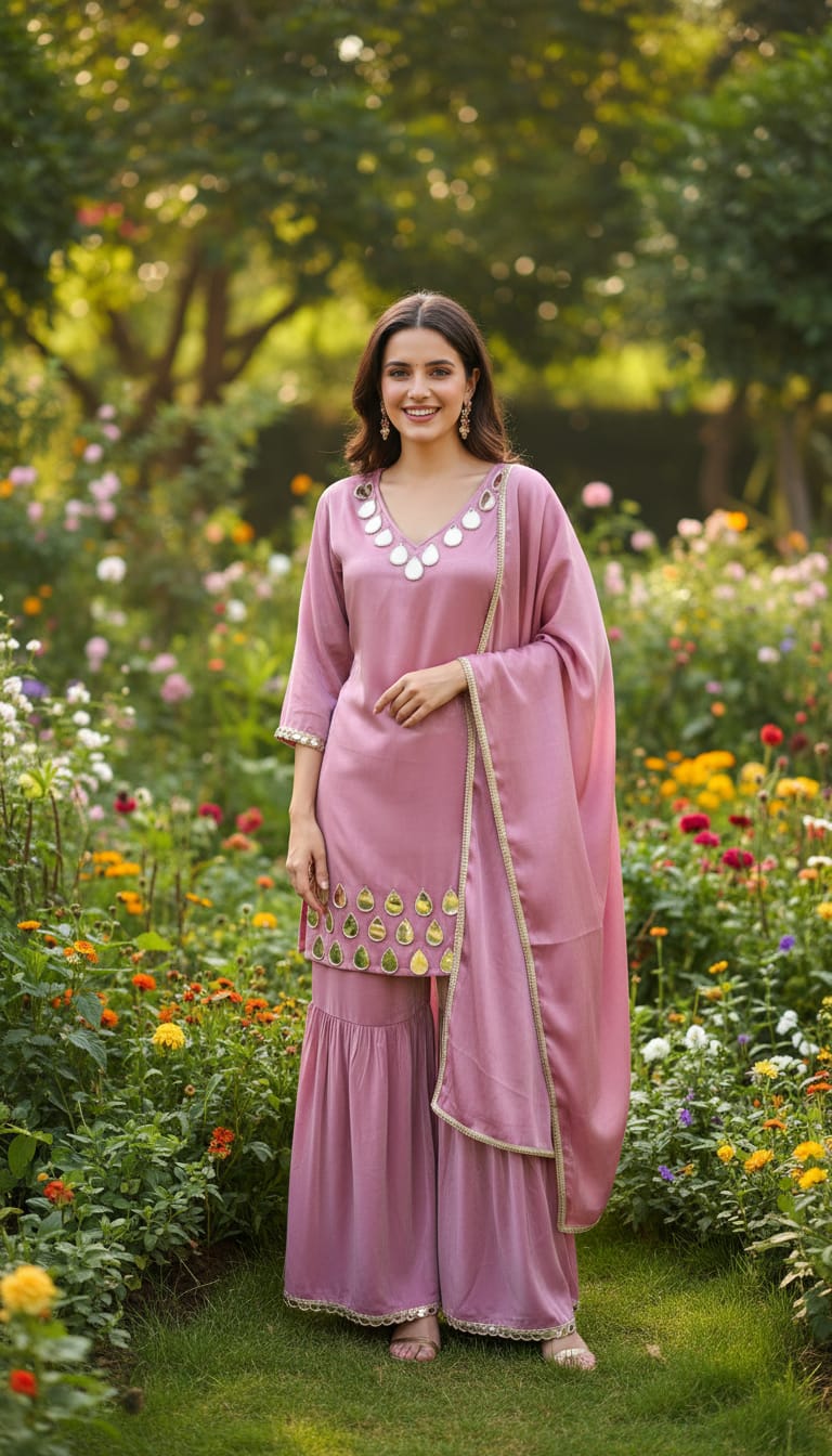 Ashnaina Glass Satain 3Pcs Co-Ord Set with Sarara & Dupatta - Style