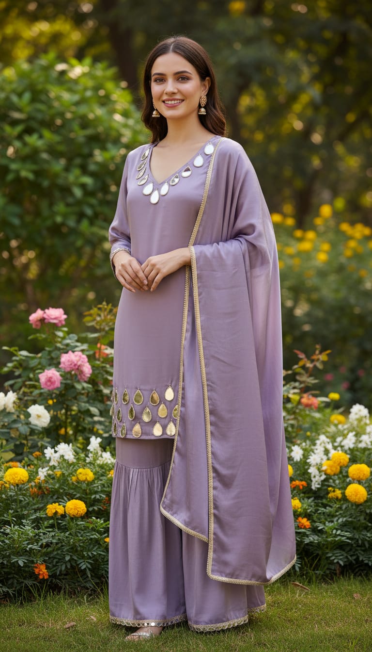 Ashnaina Glass Satain 3Pcs Co-Ord Set with Sarara & Dupatta - Style