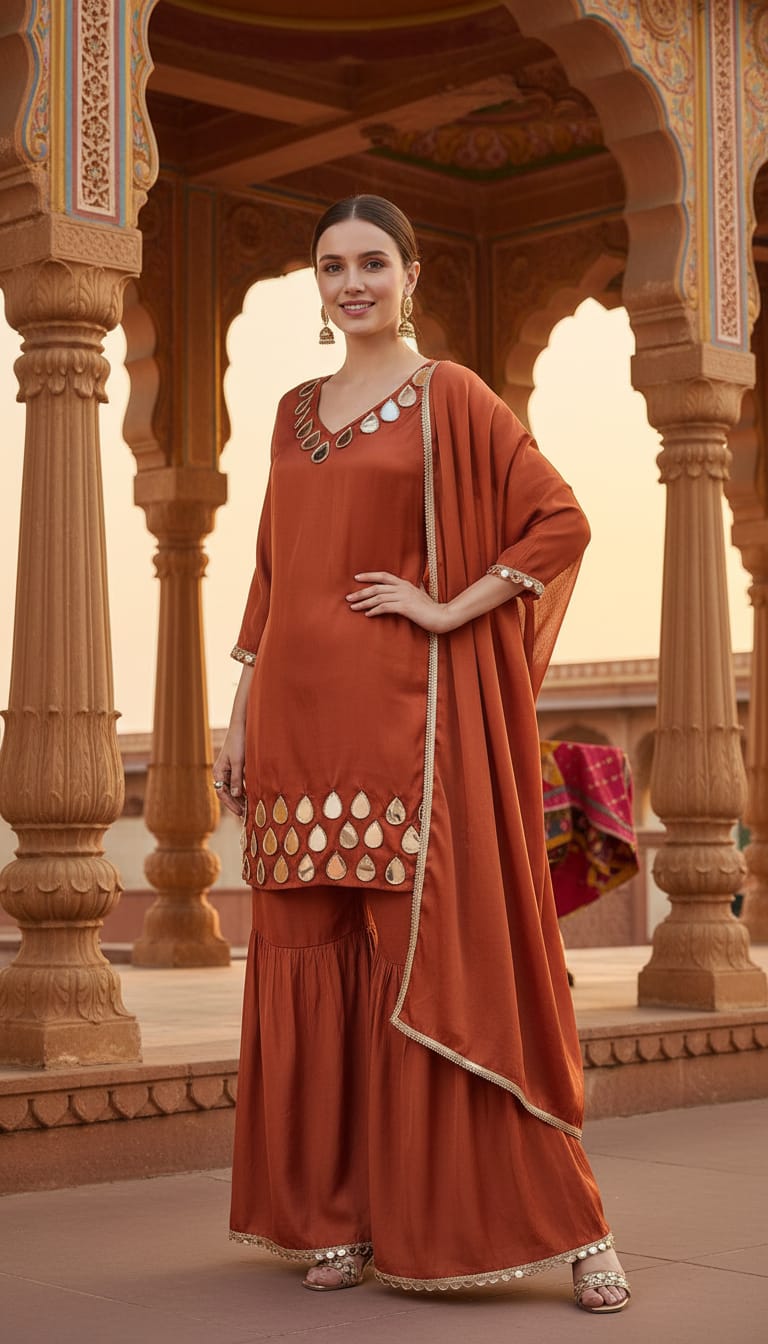 Ashnaina Glass Satain 3Pcs Co-Ord Set with Sarara & Dupatta - Style