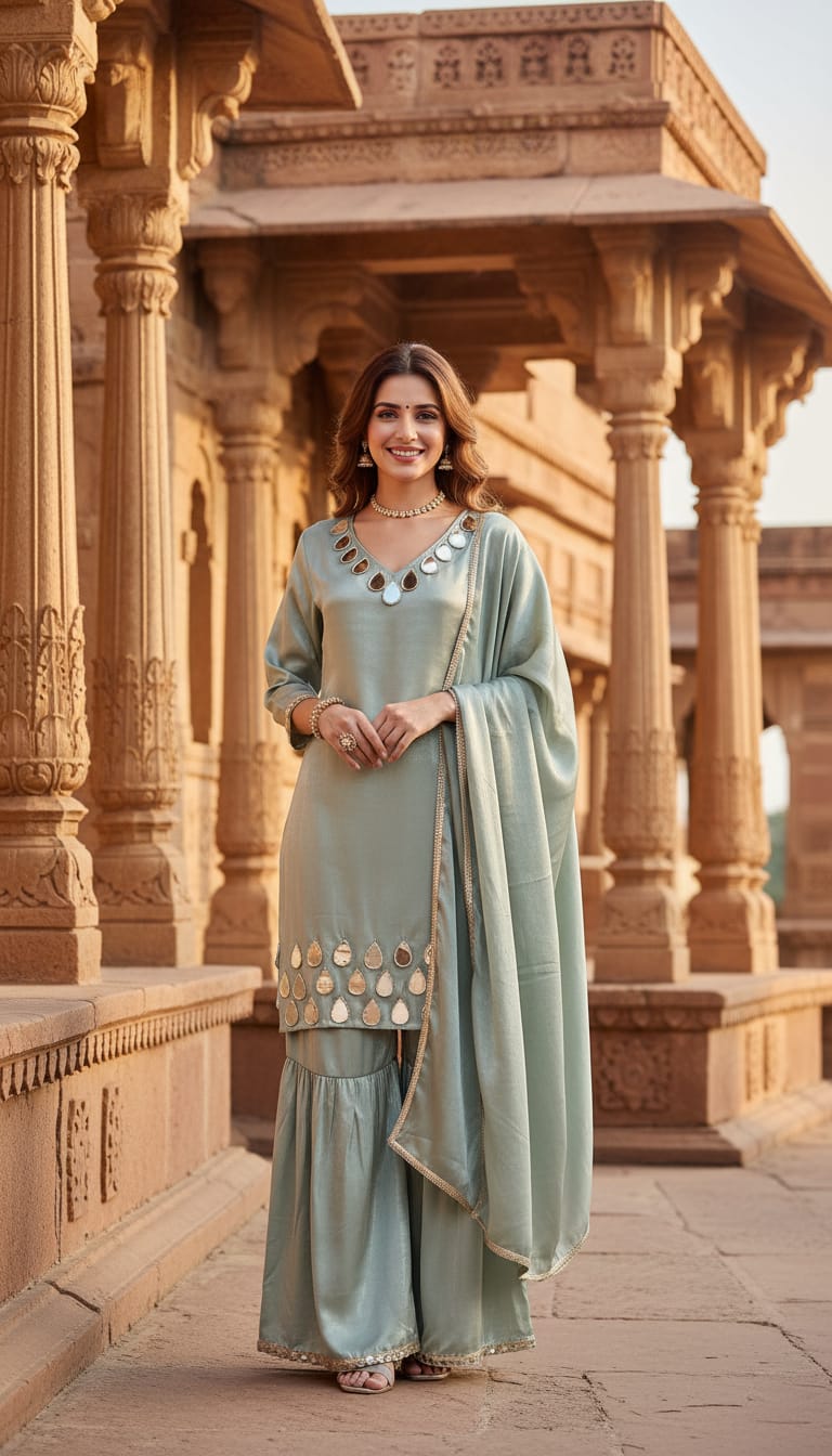 Ashnaina Glass Satain 3Pcs Co-Ord Set with Sarara & Dupatta - Style