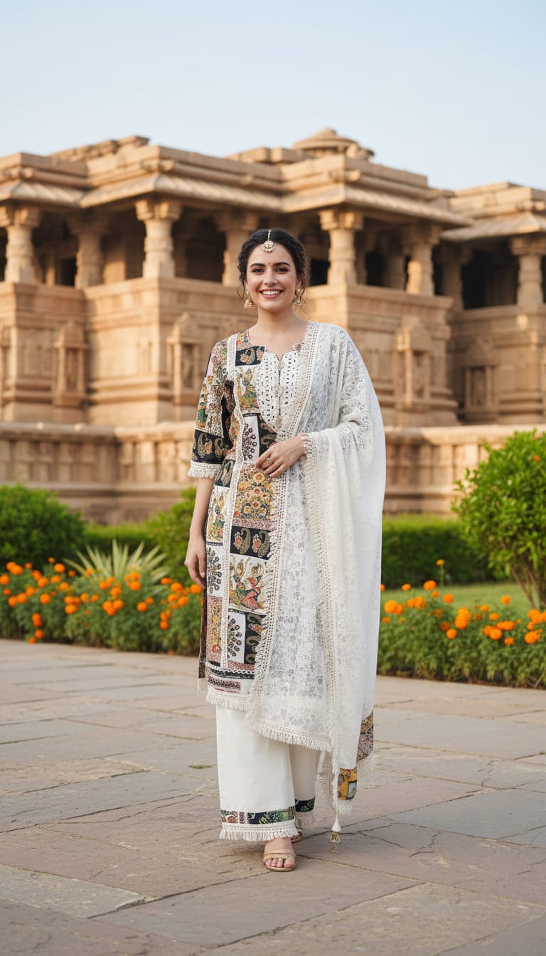 Ashnaina Cotton Cambric 3Pcs Set (Kurti+Plazo+Dupatta)