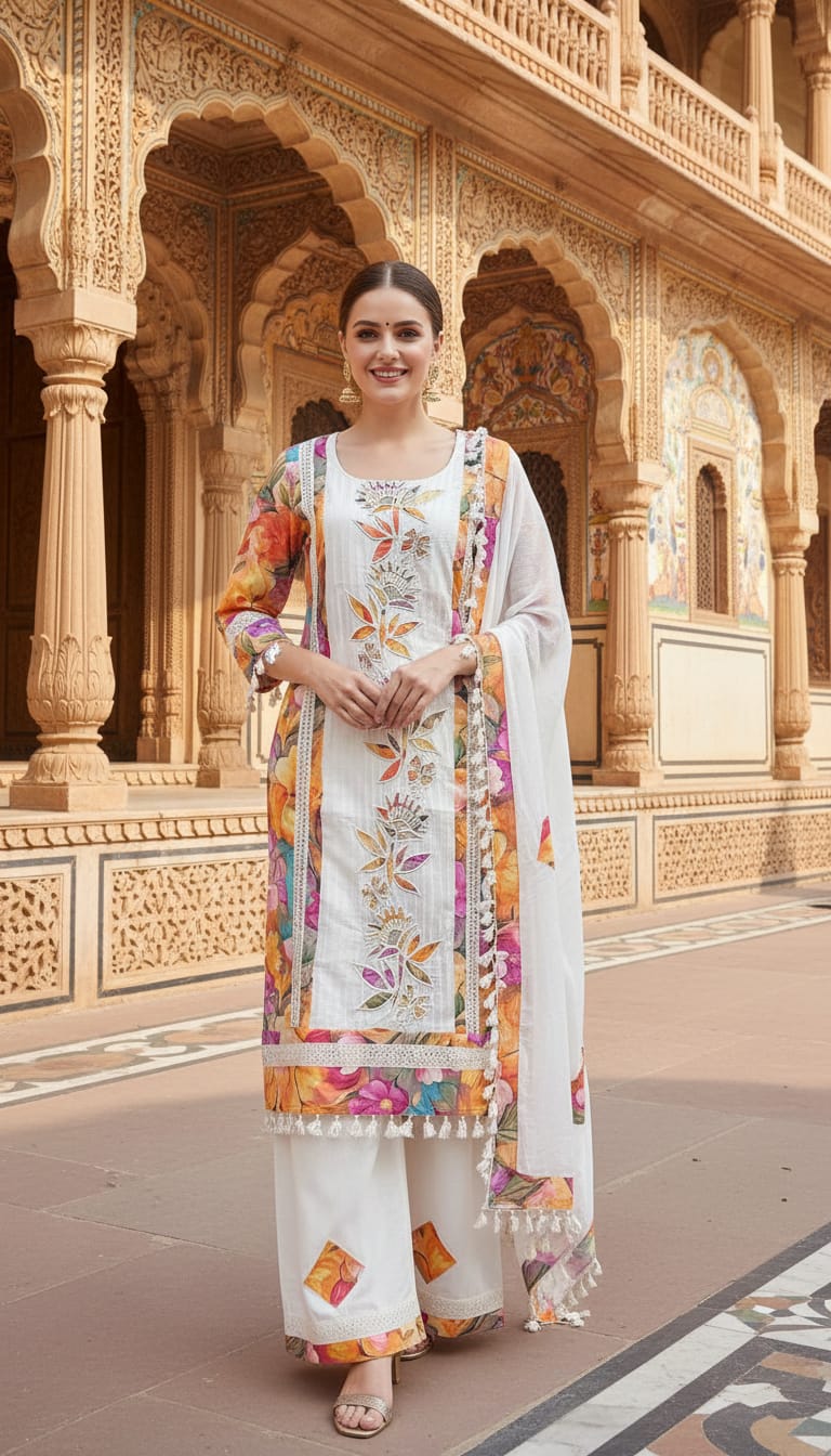 Ashnaina Pure Printed Cotton Cambric 3Pcs Set (Kurti+Plazo+Dupatta)