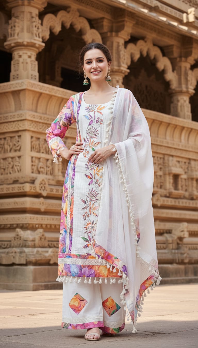 Ashnaina Pure Printed Cotton Cambric 3Pcs Set (Kurti+Plazo+Dupatta)